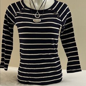 Talbots 100% Pima Cotton Classic Navy and Cream Striped Tee